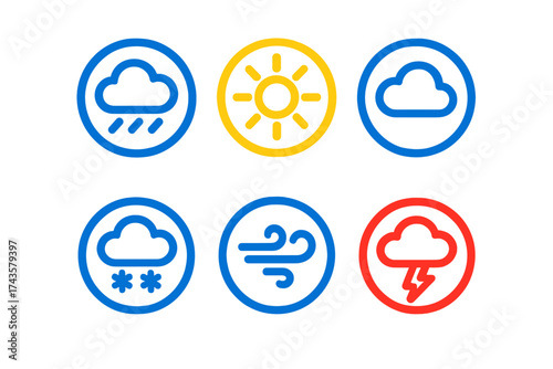 Essential weather forecast icons set with sun, rain, snow, wind, cloud, and lightning symbols