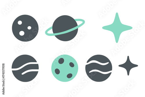Simple stylized celestial bodies and stars icon set in dark gray and teal colors