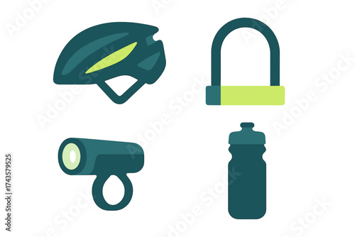 Essential cycling gear: helmet, security lock, safety light, and water bottle