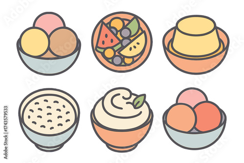 Colorful set of six sweet desserts and food items including ice cream and fruit salad