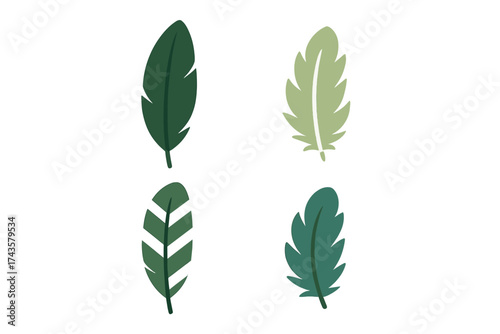 Stylized tropical leaves and abstract feather shapes in various shades of green