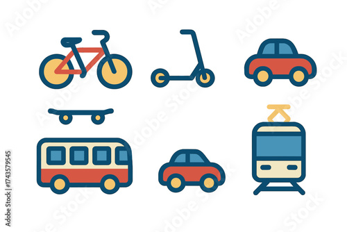Colorful flat icons set for urban transportation and personal mobility modes