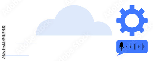 Cloud icon with gear and voice recognition element representing technology, automation, and data storage. Ideal for AI, cloud services, IoT, voice tech, data management, innovation simple flat