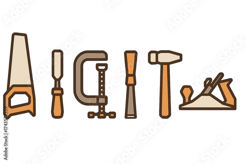 Essential carpentry tools arrangement featuring saw, chisel, clamp, hammer, and wood plane