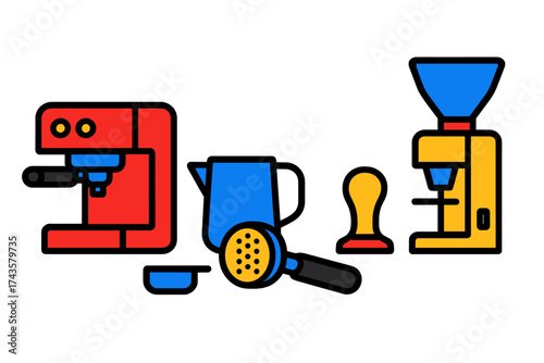 Essential coffee brewing equipment set featuring espresso machine, bean grinder, and accessories