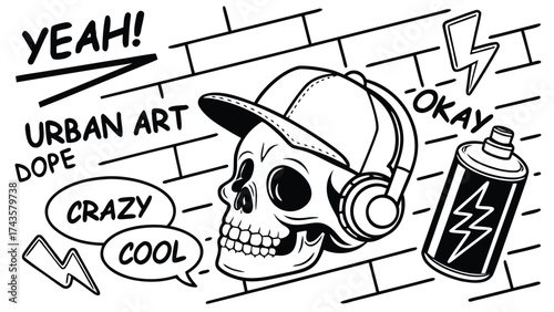 Striking black and white graffiti wall art featuring a detailed skull and urban elements