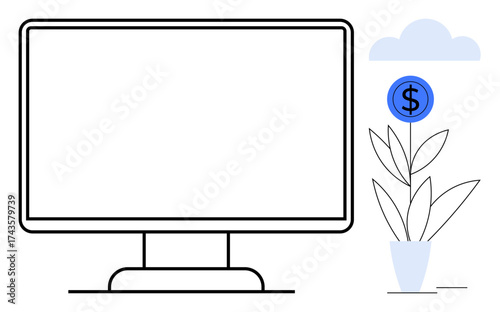 Computer monitor alongside a potted plant sprouting with a dollar sign as growth metaphor. Ideal for finance, online business, technology, investments, digital economy, education, and minimal themes