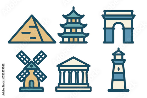 Collection of famous global travel landmarks and architectural monuments icons