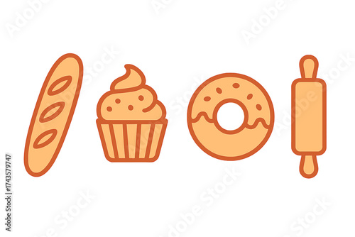 Simple bakery and dessert items: baguette, cupcake, donut, and rolling pin