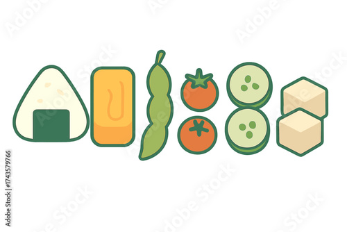 Assortment of healthy food icons featuring Japanese onigiri, tamagoyaki, edamame, and fresh vegetables