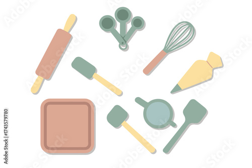Collection of essential baking tools and kitchen utensils in pastel colors on white background