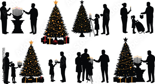 Christmas and Hanukkah celebration silhouettes, festive family traditions vector, lighting menorah, decorating Christmas tree, holiday season illustration design