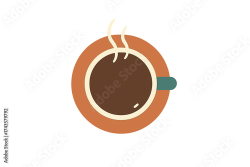 Overhead view of a hot coffee mug with steam rising from the dark brown liquid