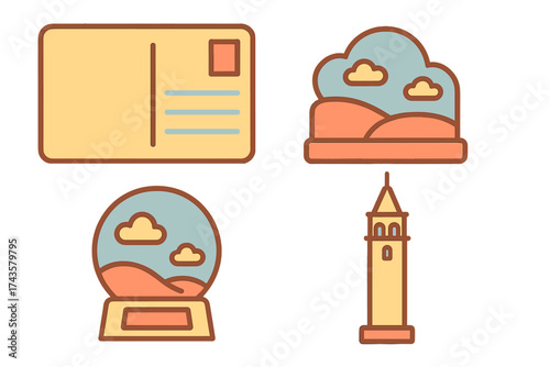 Set of travel and tourism icons featuring postcard, landscape, snow globe, and tower