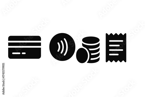 Modern financial transaction symbols showing credit card, contactless payment, currency, and purchase receipt