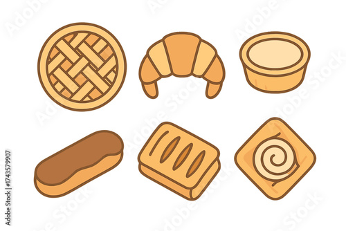 Collection of various sweet baked goods and pastries including pie, croissant, and eclair icons