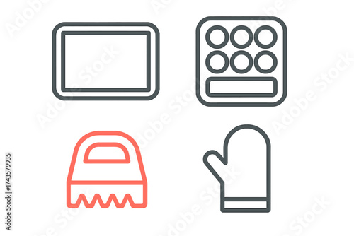 Essential kitchen baking equipment set: tray, muffin mold, oven glove, dough scraper