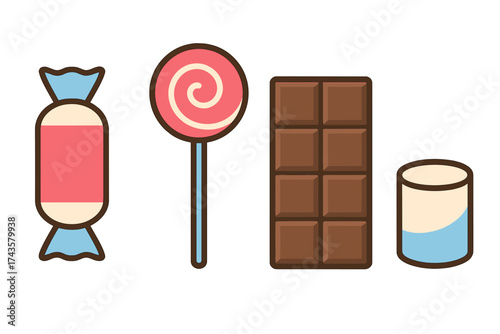 Colorful collection of sweet treats including candy, lollipop, chocolate bar, and milk