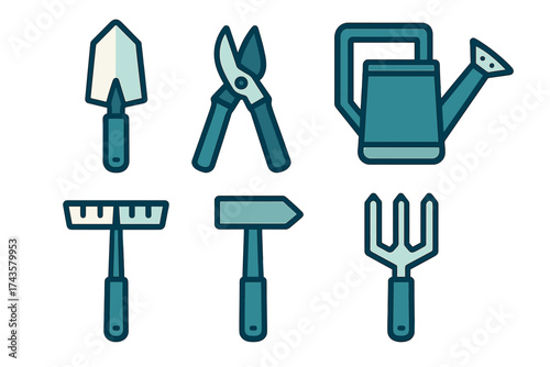 Set of essential gardening tools icons including trowel, shears, and watering can