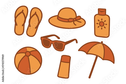 Essential summer beach vacation accessories set including sunglasses and sun protection