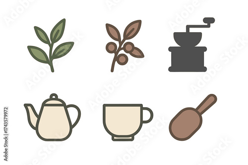 Set of stylized icons for coffee and tea preparation including grinder and teapot
