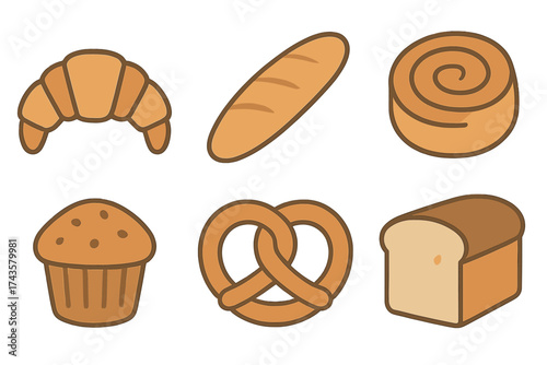 Freshly baked goods including croissant baguette pretzel muffin and loaf bread