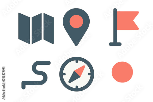 Essential navigation and location symbols set including map, compass, flag, and route path icons