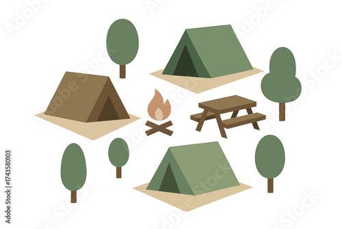 Set of camping elements featuring tents, trees, campfire, and picnic table for outdoor recreation