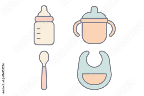 Set of essential newborn feeding items including milk bottle, training cup, spoon, and protective bib