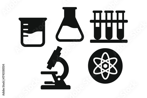 Minimalist symbols of essential laboratory equipment and scientific concepts