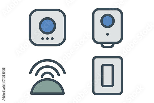 Modern smart home security system icons set featuring camera, motion sensor, and wireless signal