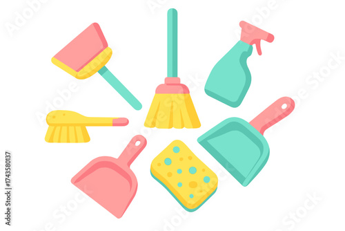 Collection of colorful household cleaning tools and supplies arranged on a white background