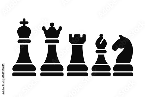 Black silhouette icons of major chess pieces including king queen rook bishop and knight lined up on a white background