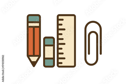 Essential stationery set with pencil, eraser, measuring ruler, and large paperclip
