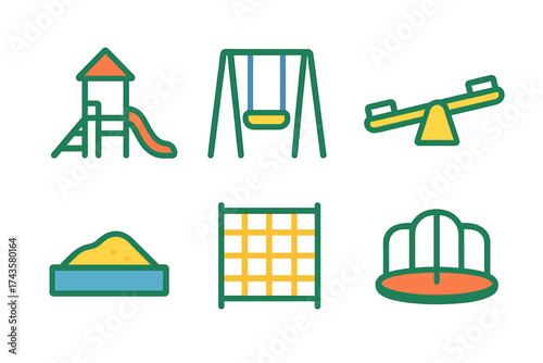 Colorful outline icons set of children's park and outdoor recreation equipment