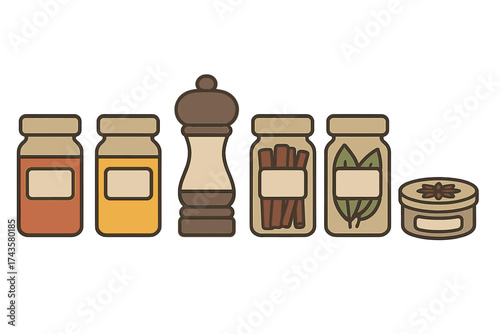 A collection of various kitchen spices and seasonings stored in glass jars and a wooden pepper mill