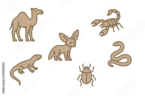 Stylized desert animal icons including camel fennec fox scorpion and reptile species