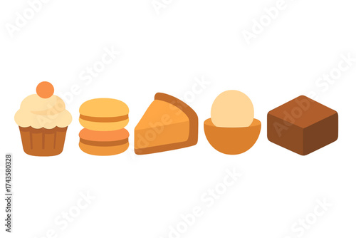 Assortment of delicious baked goods and sweet desserts in a minimalist flat design