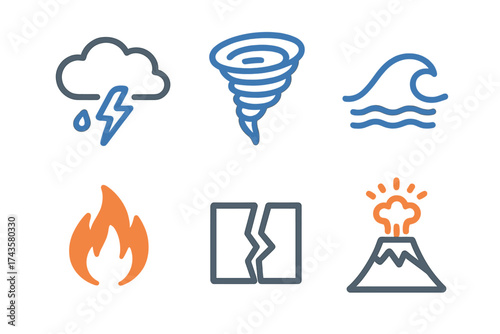 Collection of natural disaster symbols including storm, tornado, fire, earthquake, volcano, and wave