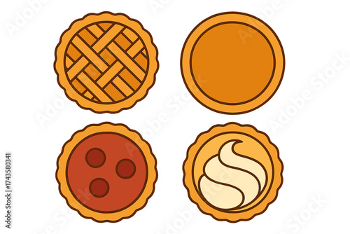 Assortment of sweet baked dessert pies and tarts with various crusts and toppings