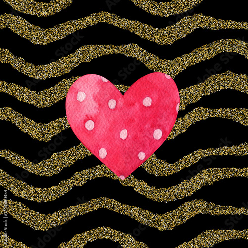 Watercolor heart on hand drawn gold glitter striped background. For labels, banners, posters, cards
