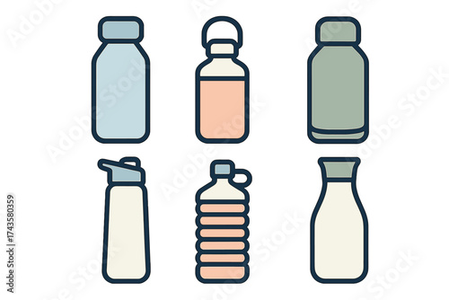 Set of reusable water bottles and beverage containers for hydration and sustainable living