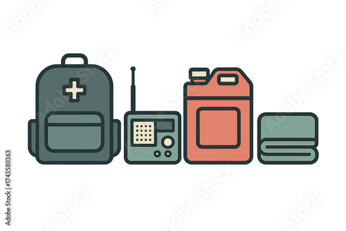 Essential supplies for disaster preparedness featuring a first aid backpack, radio, fuel container, and blanket