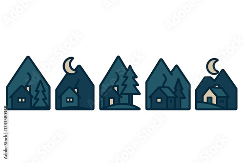 Minimalist dark blue icons of cozy cabins nestled in mountains and pine forest