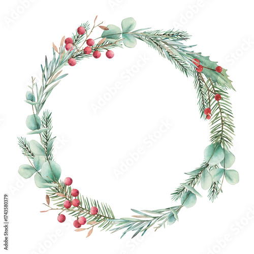 Christmas wreath. Watercolor frame with  eucalyptus and fir branches on white background. Hand drawn illustration