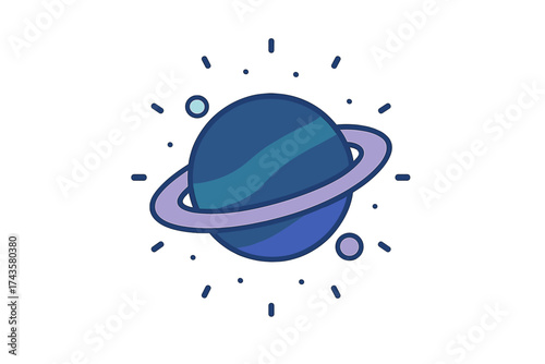 Cosmic blue gas giant planet with purple rings and orbiting satellites in deep space
