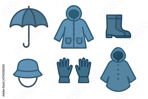 Essential collection of protective clothing and accessories for rainy weather conditions