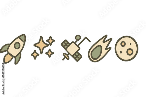 Rocket, satellite, stars, comet, and planet symbols representing space exploration and astronomy
