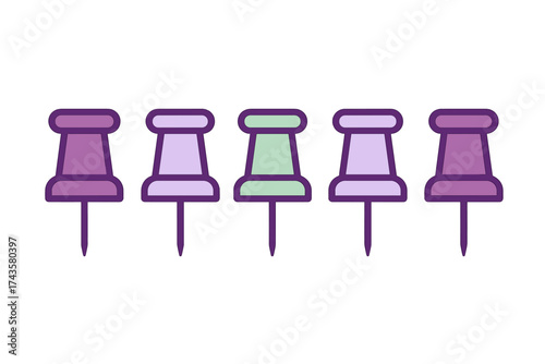 Five colorful pushpins lined up in a row for securing notes and papers