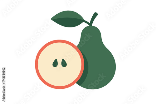 Stylized green pear and red apple slice cross section with seeds on white background